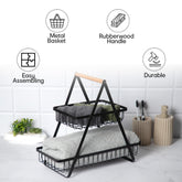 Anko 2 Tier Storage Basket | Decorative Fruit & Vegetable rack for Home, Kitchen, Bathroom | Countertop Stand Organizer For Dining Table, Cabinet, Shelf | Metal With Rubberwood Handle - Black